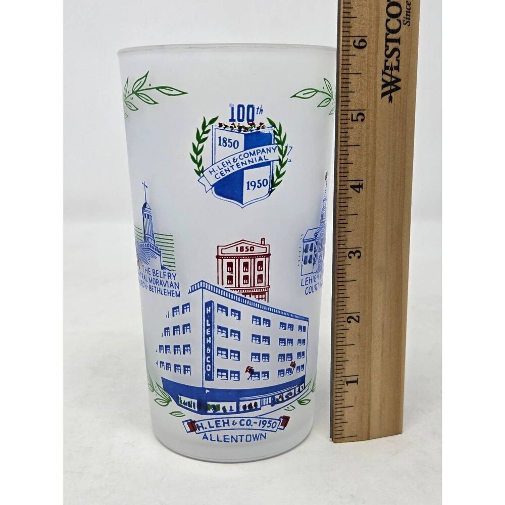 H LEH & CO DRINKING GLASS VINTAGE ALLENTOWN PA PENNSYLVANIA CENTENNIAL 1950